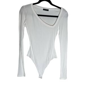 Naked Wardrobe White Long Sleeve Ribbed Thong Bodysuit - Medium
